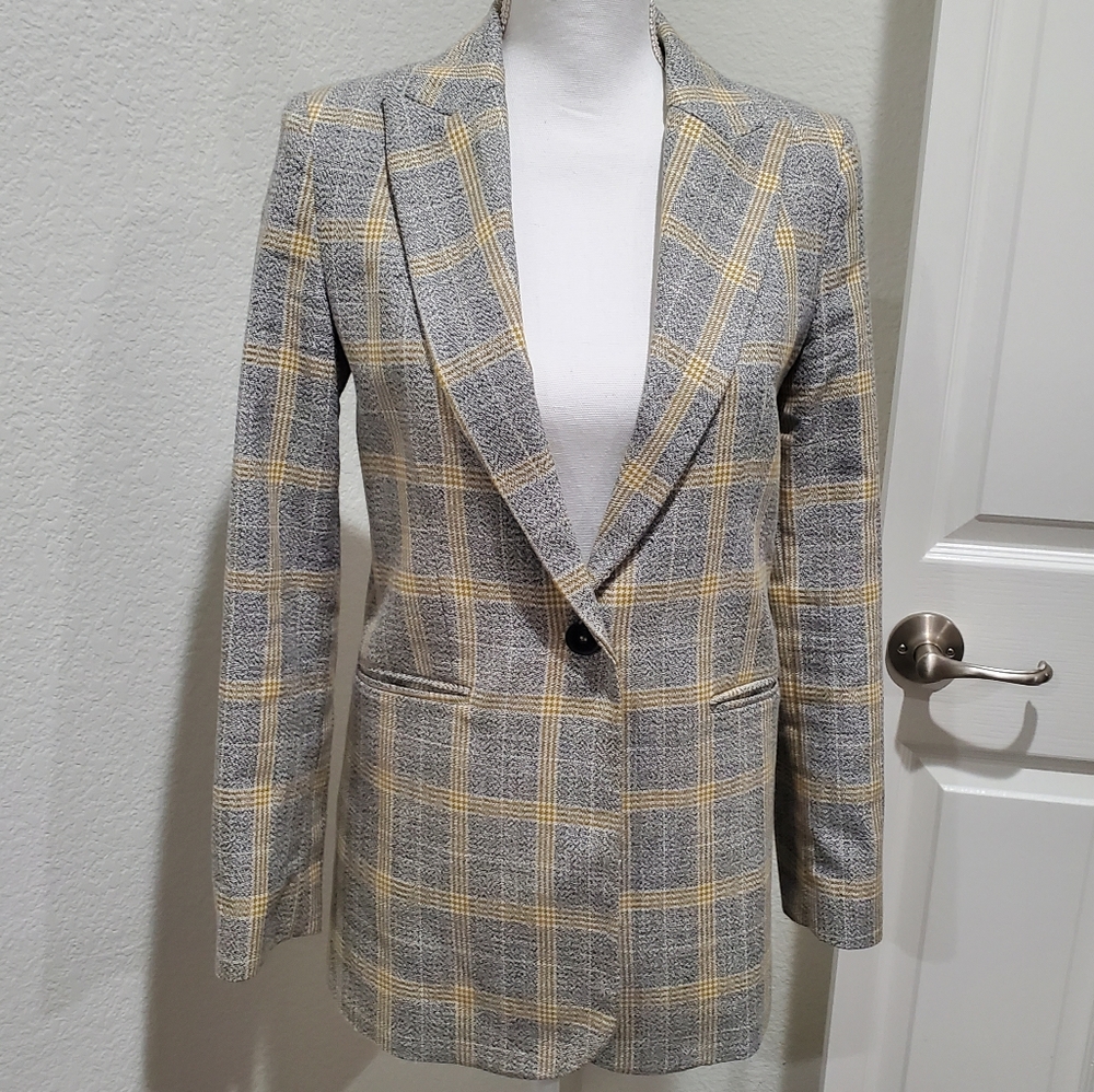 Mango Gray and Yellow Plaid Blazer